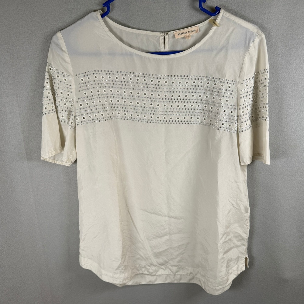 Rebecca Taylor Blouse Womens 4 Ivory Studded Eyelet Silk Blend EUC